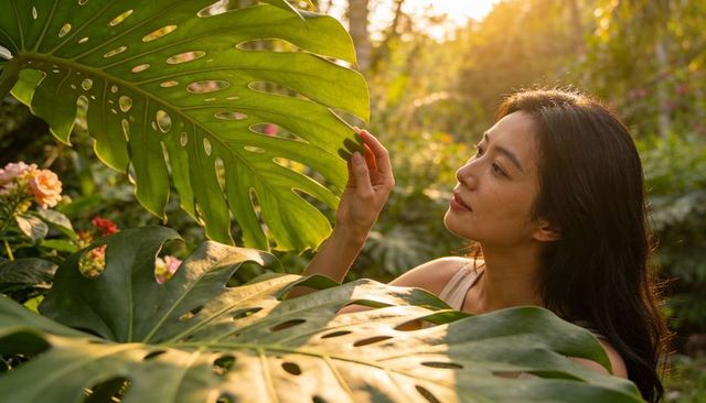 Woman touching monstera leaf in sunlit tropical garden during golden hour