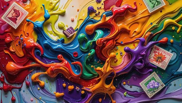 Colorful abstract paint with vintage stamps creative art