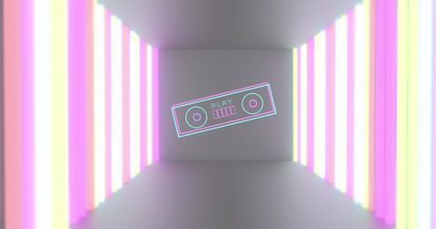 Neon Retro Cassette Tape in Modern Futuristic Tunnel
