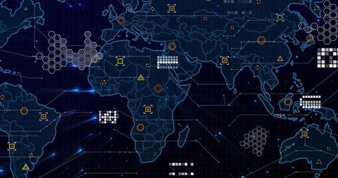 Futuristic World Map with Digital Data Overlay and Neon Accents