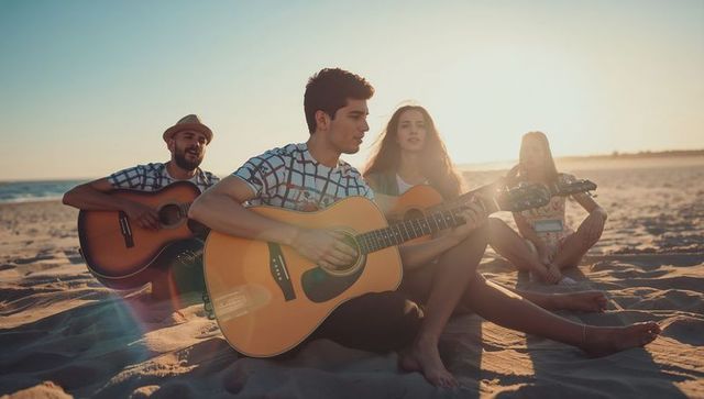 Teens enjoying acoustic guitar jam on beach at sunset