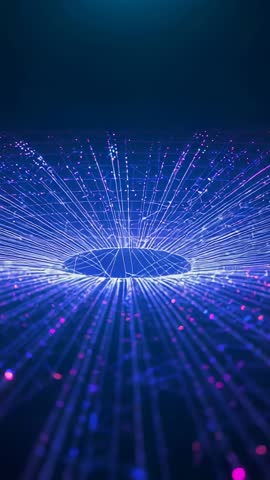 Vertical tech loop emerging core vortex rising through glowing neural grid animation