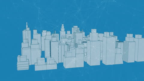 Futuristic Digital Cityscape with Network Connections on Blue