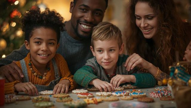 Family Decorating Holiday Cookies Together in Cozy Living Room