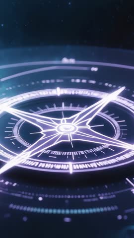 Holographic Compass Rose Rotating inside Futuristic HUD Rings with Drifting Particles (Vertical)
