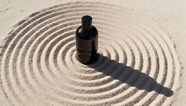 Glossy black bottle standing on concentric raked sand casting shadow, minimal still life