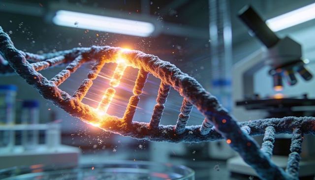 Glowing dna double helix hovering over lab bench illuminating genomic research microscope