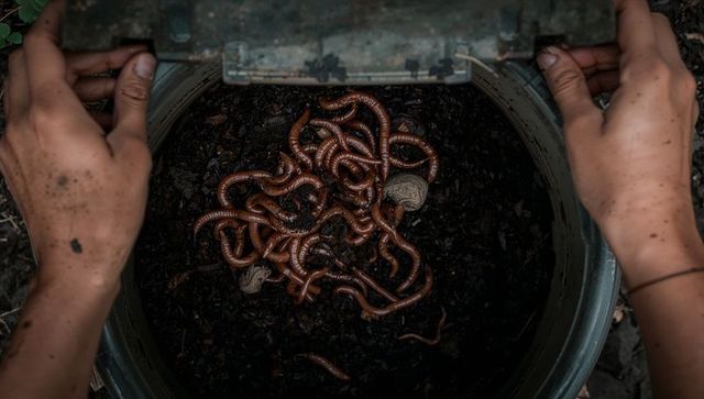 Hands lifting compost bin lid revealing wriggling earthworms and cocoons