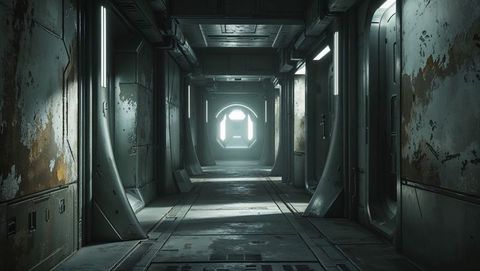 Futuristic Spaceship Corridor with LED Lighting and Hexagonal Door