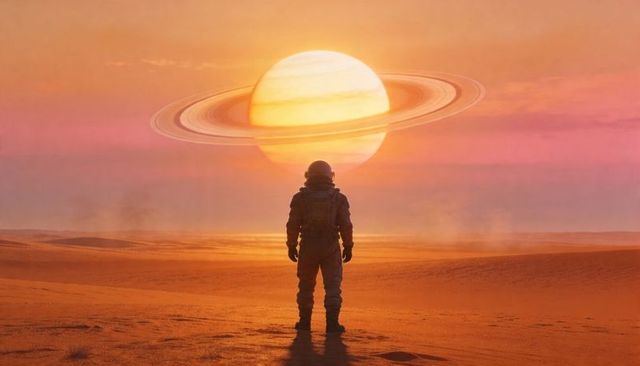 Standing astronaut gazing at giant ringed planet over desert sunset horizon with backpack