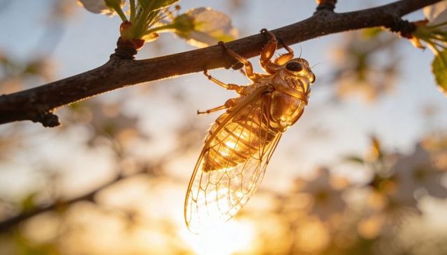 Golden cicada clinging to twig at sunset, backlit translucent wings glowing with bokeh