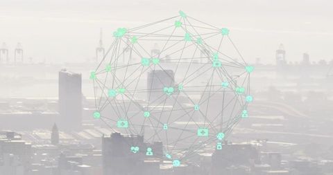 Glowing Digital Network Sphere Over Future Cityscape