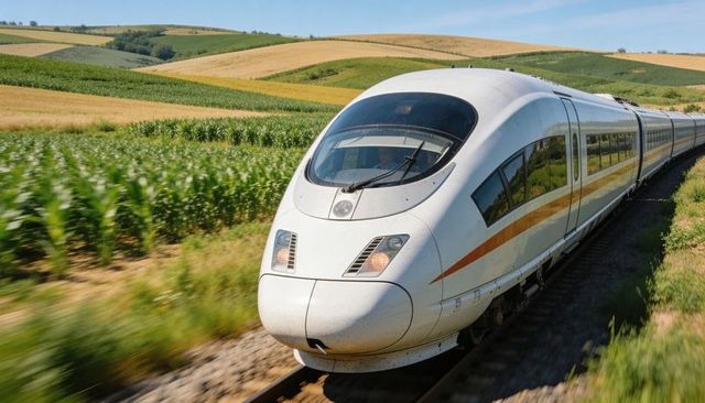 Racing high-speed train slicing through rolling farmland, modern rail transport in motion