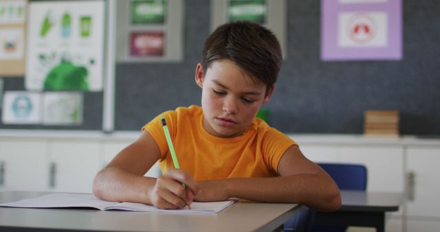 Portrait of happy biracial schoolboy sitting at classroom, making notes, looking at camera - Download Free Stock Photos Pikwizard.com