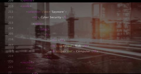 Html code overlay on industrial plant backdrop illustrating cybersecurity