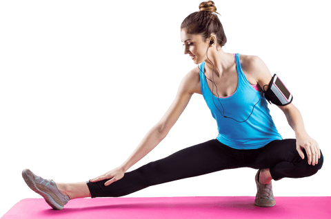 Fit Woman in Transparent Clothing Stretching on Exercise Mat
