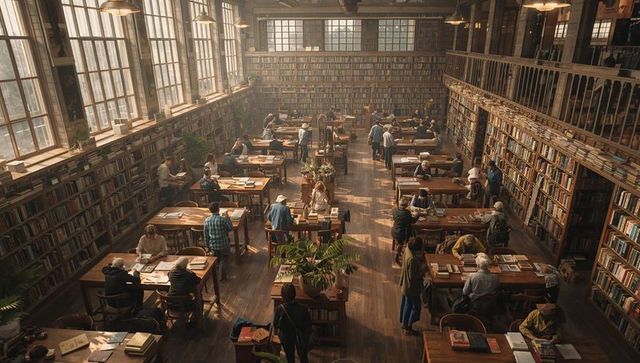 Sunlit Grand Library Reading Room with Patrons Studying at Long Wooden Tables