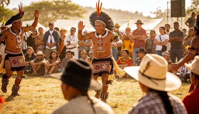 Indigenous dancers performing feathered headdresses and beaded regalia at outdoor cultural festival