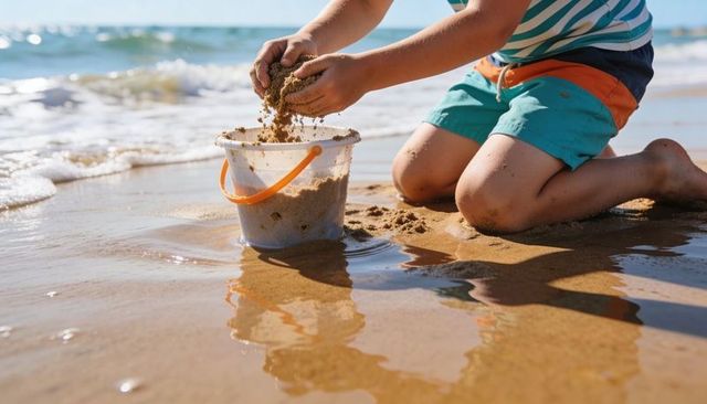 Child filling sand bucket on sunlit shoreline with clear bucket and orange handle