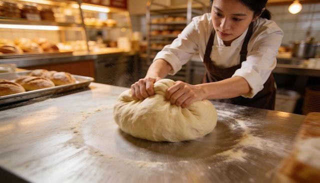 Asian baker kneading artisan dough on stainless countertop for craft bread in warm bakery