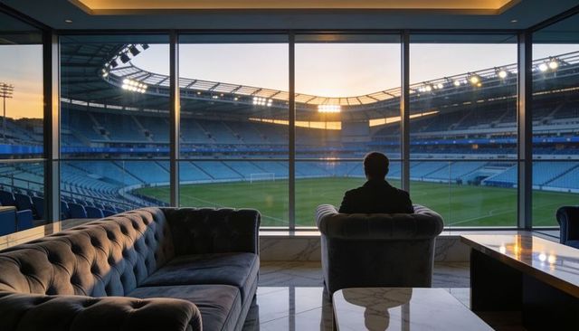 Executive gazing into stadium from luxury vip suite during sunset panoramic view