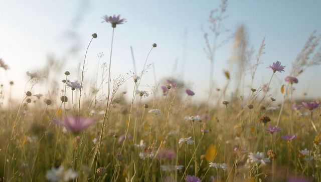 Golden sunrise meadow with pink and white wild daisies swaying in soft bokeh light