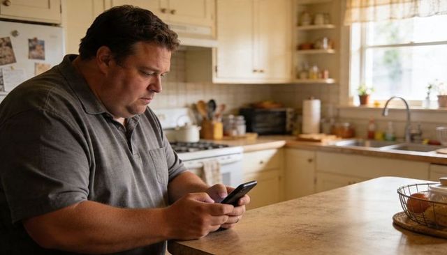 Man Sitting at Worn Kitchen Countertop Scrolling Smartphone in Warm Sunlit Home
