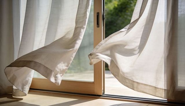 Sunlit sheer curtains billowing through open glass door, linen drapes rippling in breeze