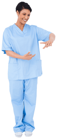 Happy nurse in medical outfit engaging with hands transparent background