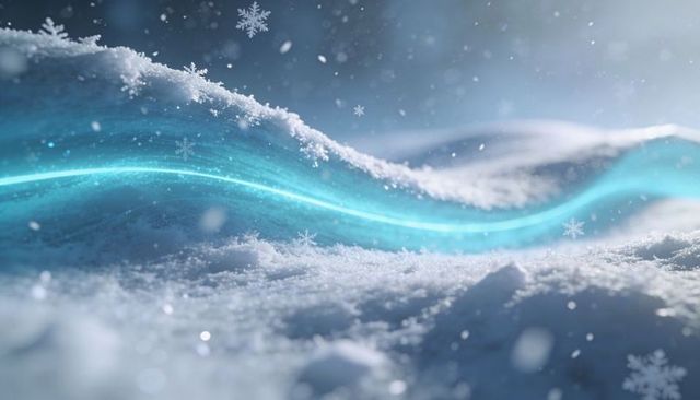Glowing turquoise ribbon curving over frosted snow drifts in ethereal winter landscape