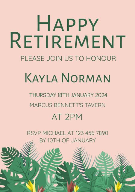 Beautifully designed retirement party invitation template featuring green leafy plants and soft pastel colors. Ideal for personalizing retirement celebrations, formal gatherings, farewell parties, office events, or recognizing a retiree's achievements. Customizable with date, time, and location details, making it versatile for various occasions.