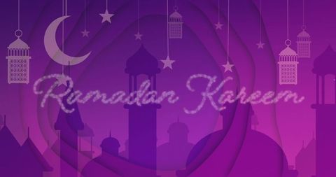 Glowing ramadan kareem cursive greeting over purple mosque silhouettes crescent lanterns