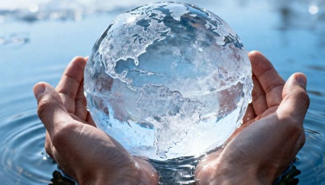 Hands holding transparent globe over water symbolizing environmental protection conservation