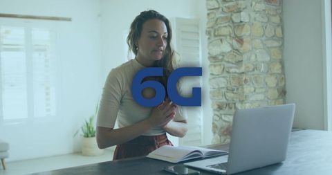 Businesswoman Engaging in Virtual Meeting with 6G Concept