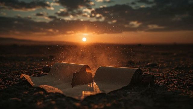 Glowing Cindered Parchments at Sunset in Arid Desert Scene