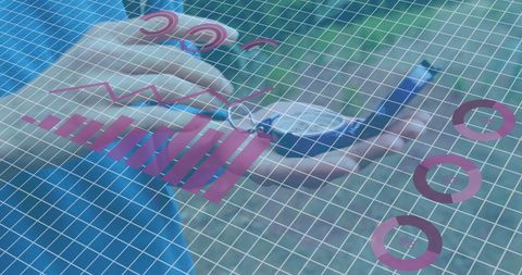 Woman analyzing digital charts with virtual data grid overlay