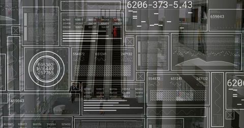 Commuter walking across corporate atrium with digital data overlay and escalators