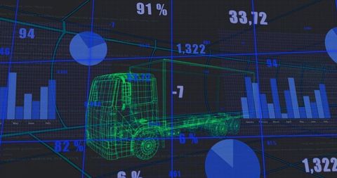 Green Wireframe Truck Displaying Blue HUD Analytics for Fleet Telemetry and Performance