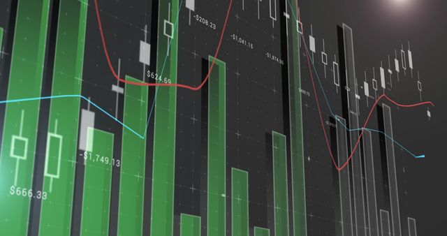 Stock market graphs and figures are displayed, indicating financial trading activity, with copy space. The image represents the dynamic nature of financial markets and the analysis involved in trading and investment strategies.