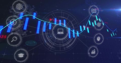 Displaying futuristic data dashboard with glowing candlestick chart and analytics HUD