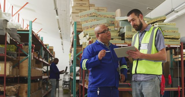 Warehouse workers discuss inventory, with copy space - Download Free Stock Photos Pikwizard.com