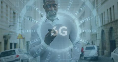 African American Man with Smartphone and 6G Connectivity Concept