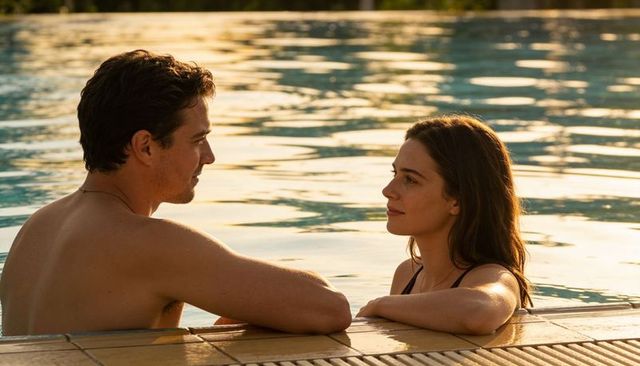 Sunlit poolside couple chatting and leaning on tiled coping, intimate waterside moment