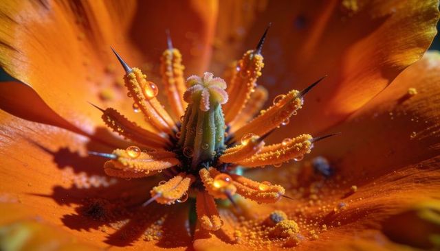 Macro orange blossom glowing with dew drops and golden pollen on stamen
