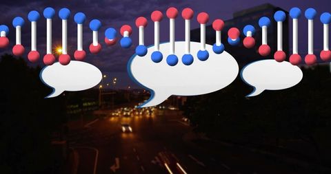DNA Strands with Speech Bubbles Over Urban Nightscape