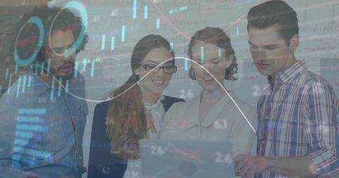 Diverse team collaborating on laptop with financial charts overlay, analyzing data trends
