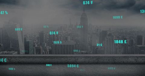 Turquoise Currency Data Floating Over Desaturated City Skyline From Concrete Rooftop Ledge