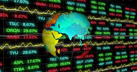 Spinning globe with stock market data on digital background
