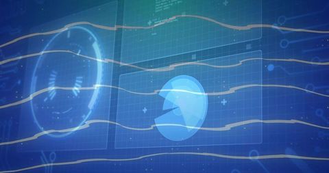 Futuristic Blue HUD Interface with Floating Circular Icon and Data Grid Overlay