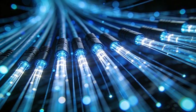 Glowing fiber optic cable ends emitting blue-white light beams for high-speed network